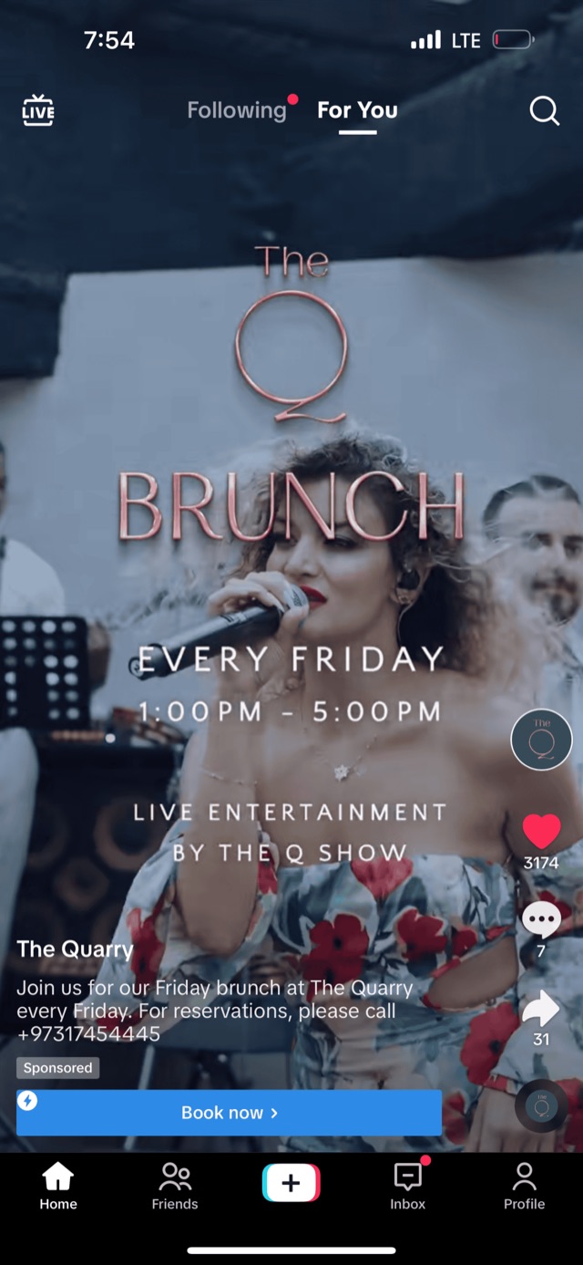 The Quarry Friday brunch TikTok ad with 3,174 likes